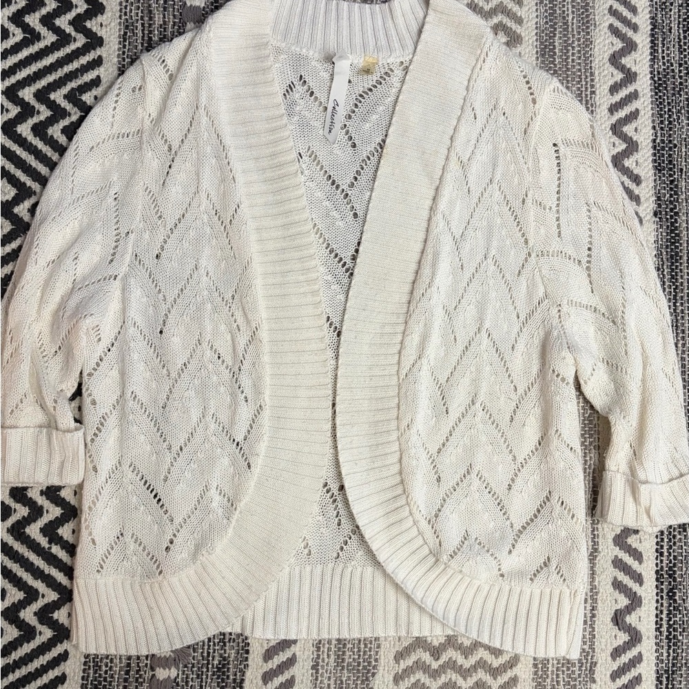 Ny Collection Ivory Pointelle Knit Open Front Cardigan Size M Y2K